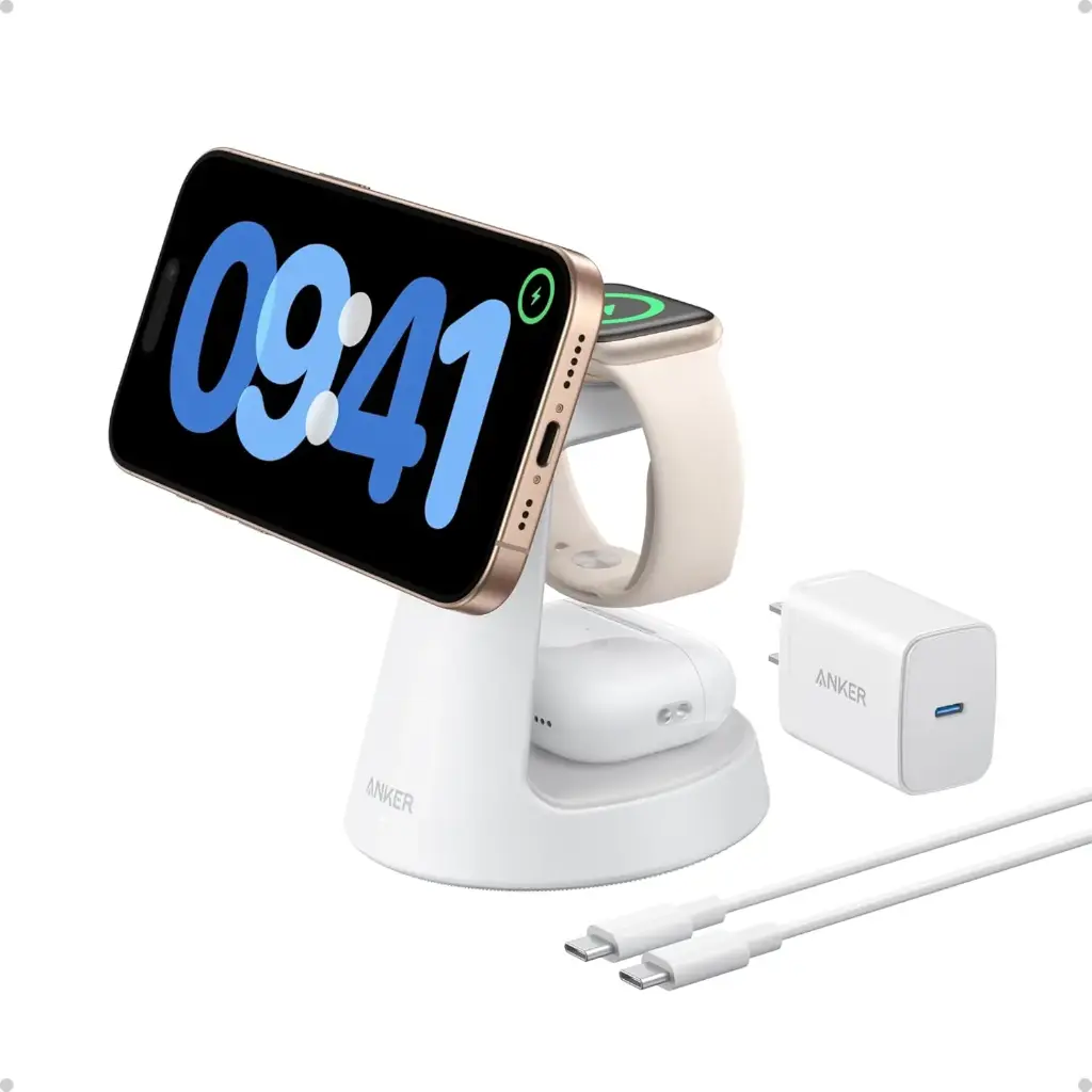 Anker - Cargador MagSafe compatible, estación de carga MagGo 3 en 1, soporte de carga inalámbrico magnético de 15 W, certificado Qi2, para iPhone 16/15/14, Apple Watch, AirPods y más
