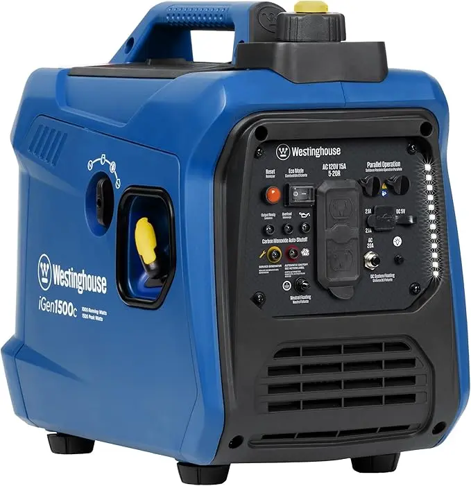 Generador Inverter portátil súper silencioso y ligero de 1500 vatios pico, alimentado por gasolina con Sensor CO (Westinghouse)